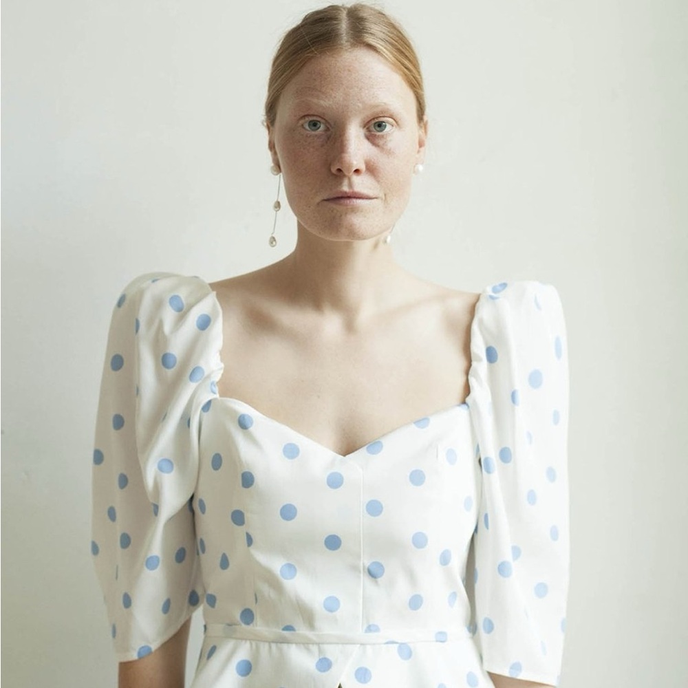 Maryam Nassir Zadeh Blue and White Puff Sleeve Blouse Marina Top (sz 6)